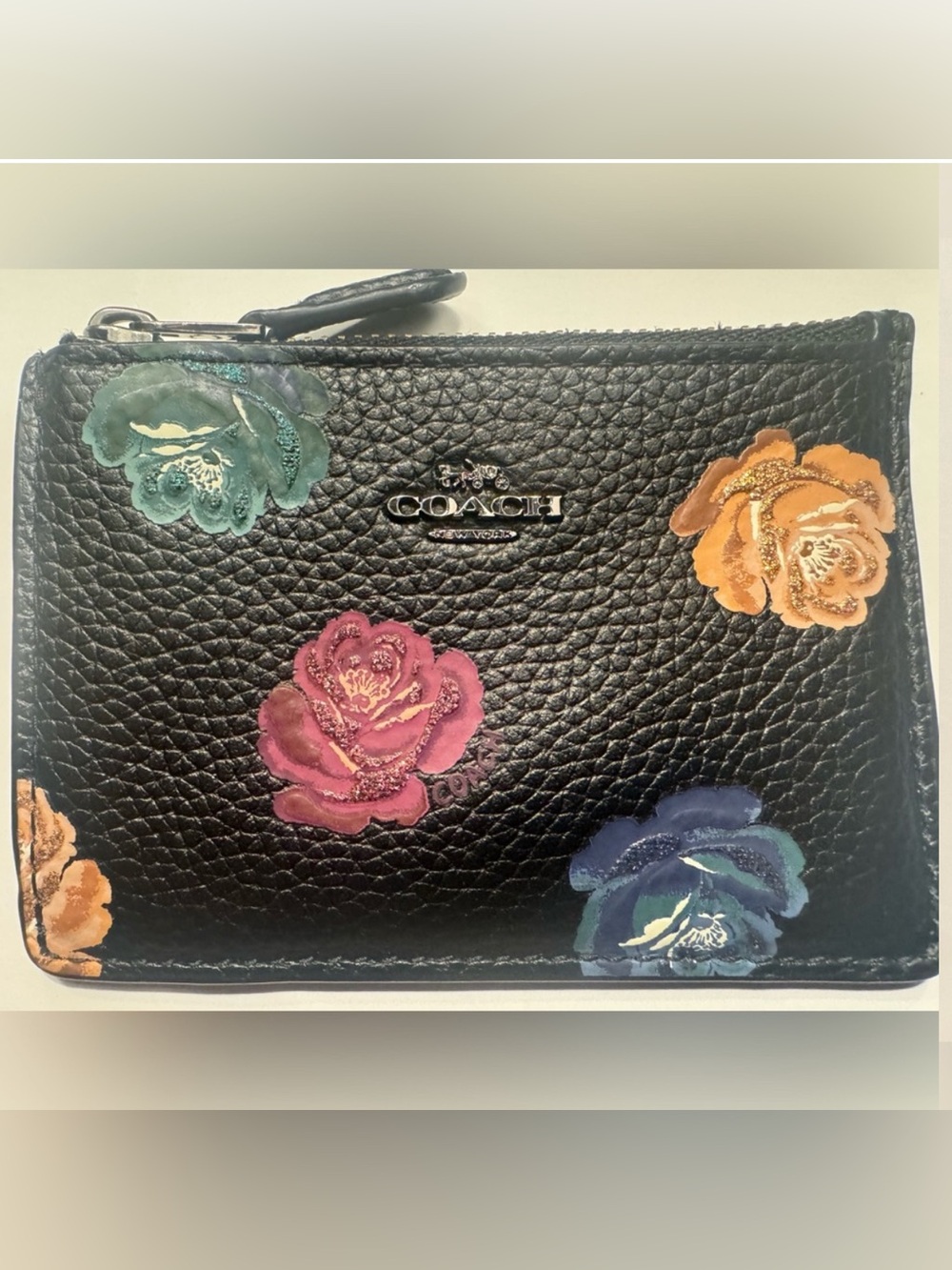 COACH Black Pebbled Leather Floral Zip Card Case